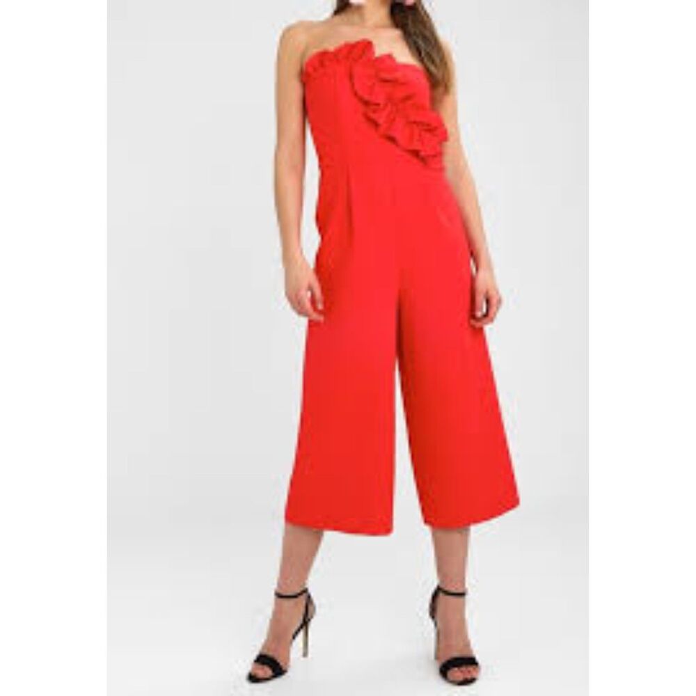 Topshop Ruffle Jumpsuit Size 4 Strapless Bandeau Neckline Cropped Wide Leg Pants